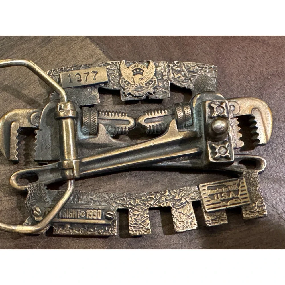 Vintage Pipefitter‎ 1990 Belt Buckle Gold tone Red Embellishment Tools